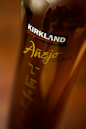 Costco Añejo Tequila, with the Kirkland brand name displayed. We spotted this in the store and just had to try it.